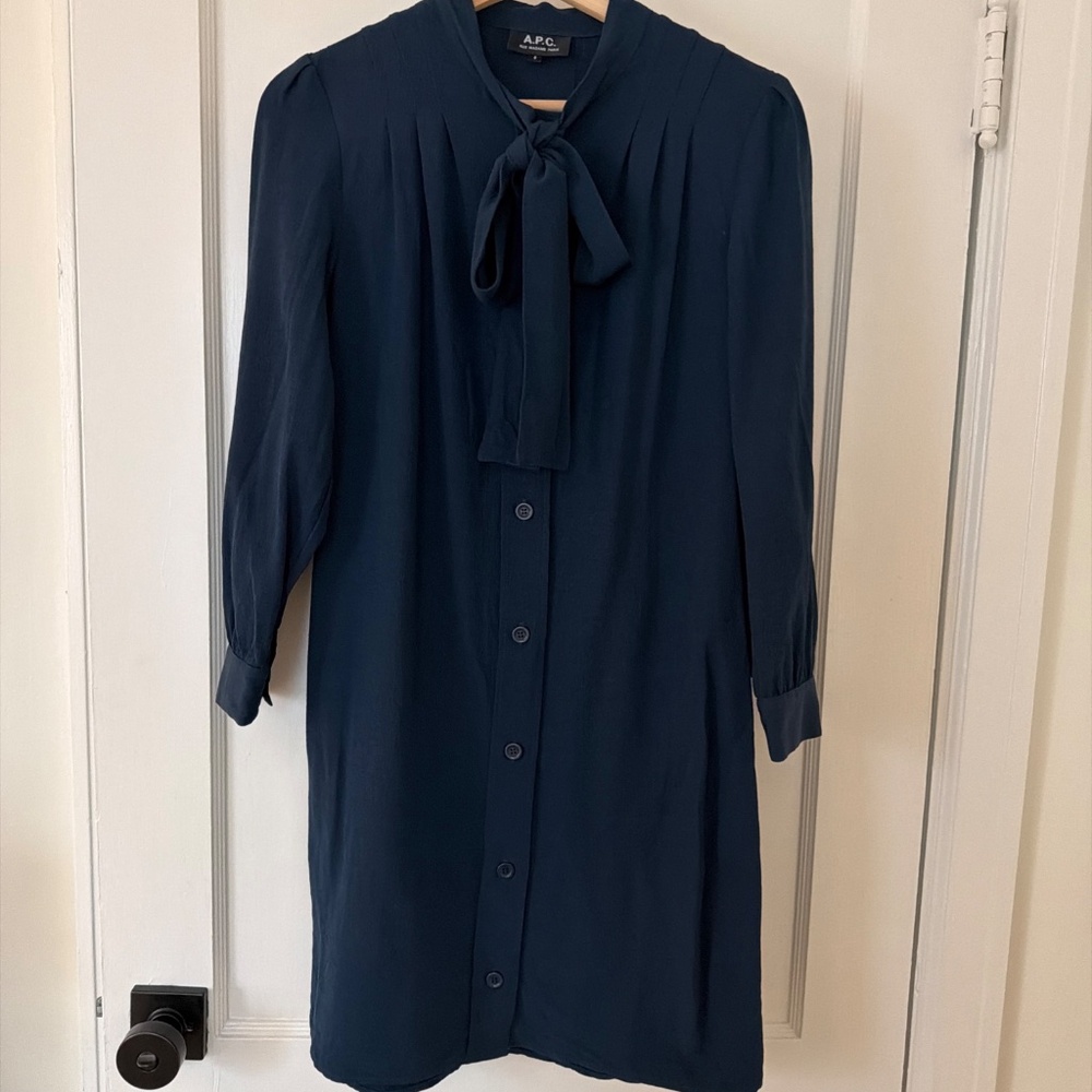 APC Navy Blue Tie Neck Button Front Pleated Shift Dress Small Classic Career